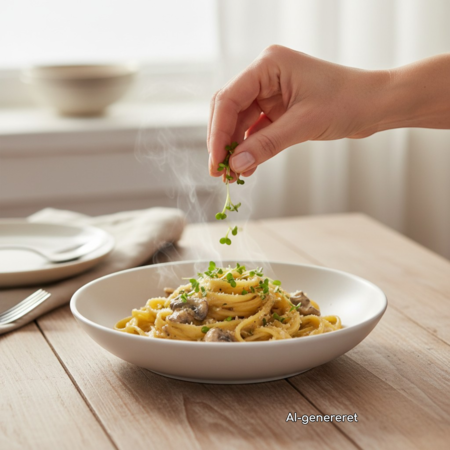 Chia-mikrogrønt drysses over en pastaret