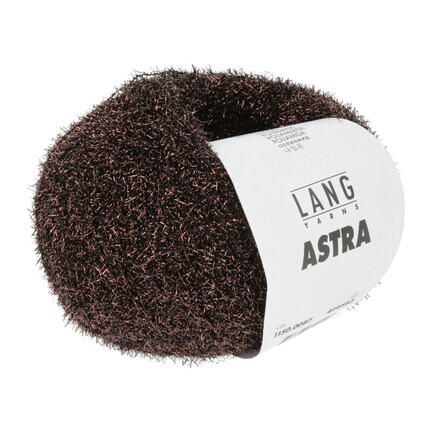 Lang Yarns Astra glimmergarn i farven Kobberbrun – garnnøgle med banderole, der viser den elegante, glitrende struktur.