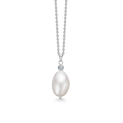 Chunk Necklace - simple necklace in sterling silver with cultured pearl and white zirconia stone