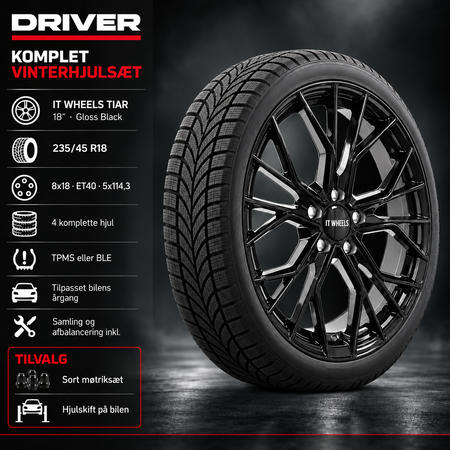 IT WHEELS TIAR 18 tommer Gloss Black med 235/45 R18 vinterdæk til Tesla Model 3 – komplet sæt med TPMS eller BLE.