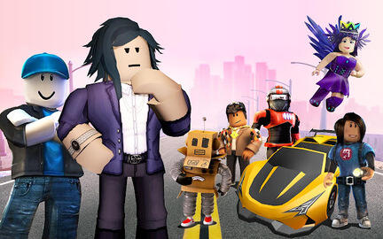 Roblox A3 kageprint med farverige figurer, gul sportsvogn og lilla fe foran lyserød by