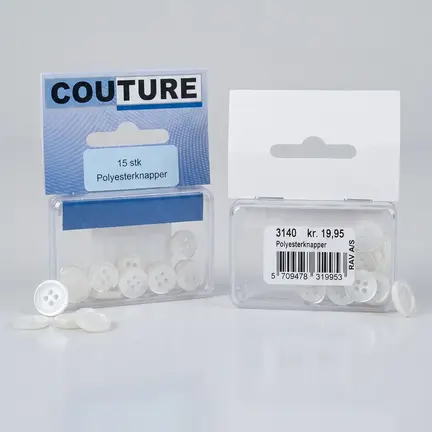 Couture polyesterknapper nr. 3140 i gennemsigtige plastikæsker med stregkode 5709478319953 og løse hvide knapper.