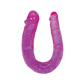 Dobbelt dildo i pink jellymateriale – fleksibel, naturtro og bøjelig til både solo- og parbrug.