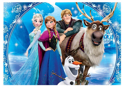 Frozen sukkerprint A4 med Elsa, Anna, Olaf, Kristoff og Sven i blå isramme