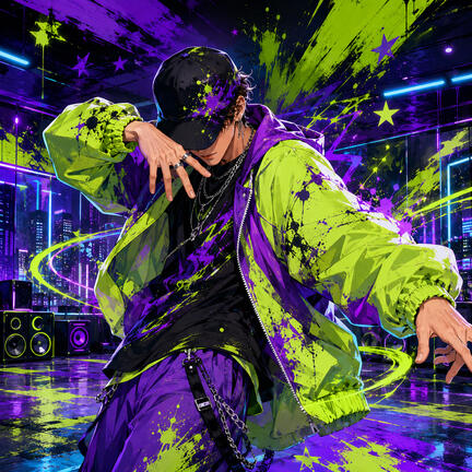 Kvadratisk K-pop sukkerprint med neongrøn streetdanser, lilla graffiti og bylys