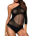 Sort transparent mesh bodysuit One Size med asymmetrisk skulder