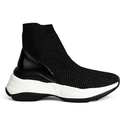 Sort high-top sok-sneaker med strikket overdel og hvid chunky sål