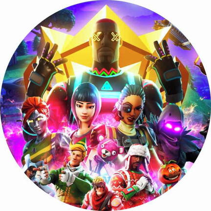 Rundt Fortnite sukkerprint med farverigt heltehold foran en gylden stjerne