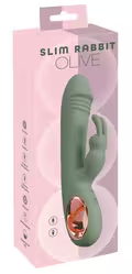 Slim Rabbit Olive vibrator i grøn silikone med rabbit-funktion og ergonomisk håndtag.