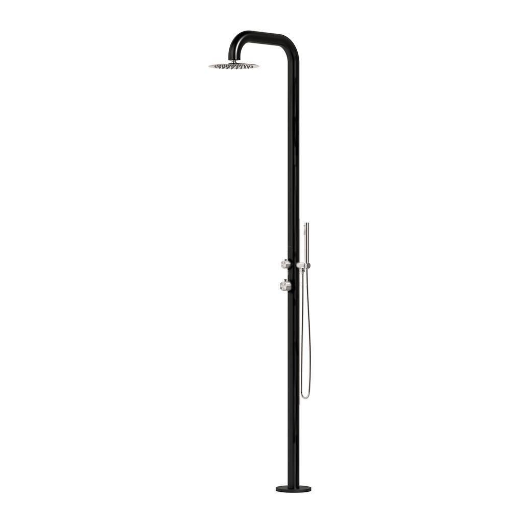 Sined PULA DUO NERA INOX – Freistehende Außendusche aus AISI 316L Edelstahl – Schwarz/Edelstahl – Handbrause – Warm- und Kaltwasser