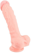 Naturtro dildo i silikone, 24 cm med sugekop, åretegning og selvlysende effekt.