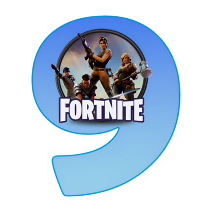 Rundt Fortnite sukkerprint med blåt 9-tal og heltegruppe