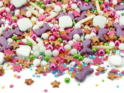 Sockerströssel Mermaids Miracle 80g - färgglatt sjöjungfruströssel i blått, lila och pärlfärger för tårtdekoration.