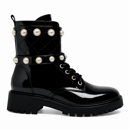Sort lakstøvle med perlebånd og lynlås