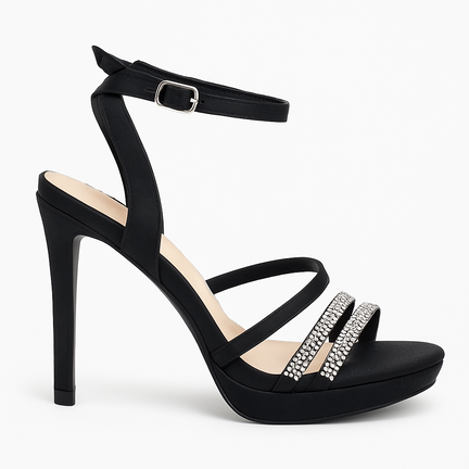 Elegant sort højhælet sandal med glitrende forstropper og justerbar ankelrem