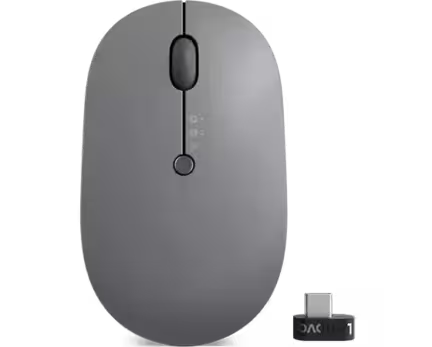En grå trådløs computermus med en USB-C-modtager placeret ved siden af.