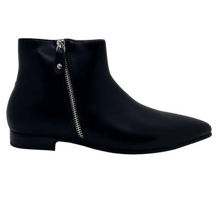 Sort damestøvlet med sølv lynlås og spids snude i skindlook