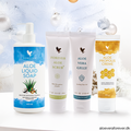 Forever Basic Kit med Aloe vera produkterne Julegaveide fra Forever Living: Aloe Liquid Soap, Forever Aloe Scrub, Aloe Vera Gelly og Aloe Propolis Creme