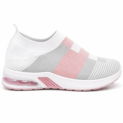 Hvid slip-on sneaker med rosa detaljer og komfortabel sål på hvid baggrund