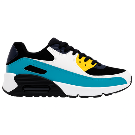 Unisex sneaker med luftpude, farveblokke i blå, gul, sort og hvid samt kraftig sål