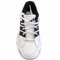 Hvid Adidas børnesneaker med sorte striber, hvide snørebånd og kraftig sort-hvid sål set fra siden.