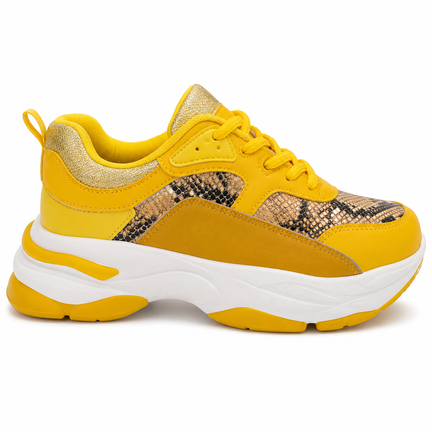 Chunky Damesneakers i Gul med Snake Print og Guld Detaljer