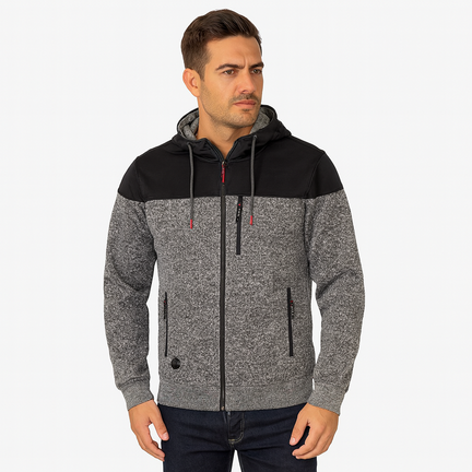 Grå og sort fleecejakke med hætte og lynlåslommer – varm, slidstærk og funktionel
