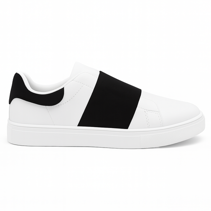 Hvid slip-on sneakers med bred sort elastik og hvid sål
