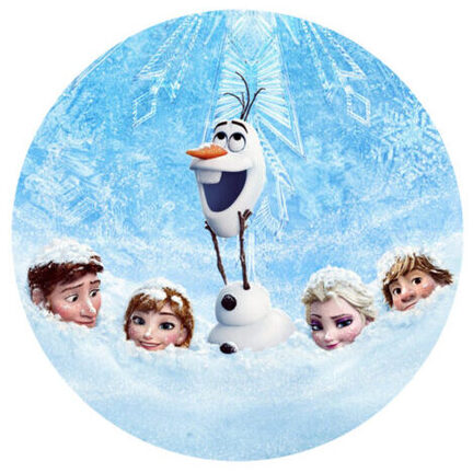 Frozen sukkerprint rundt med Olaf i sneen og Frozen venner på blå isbaggrund