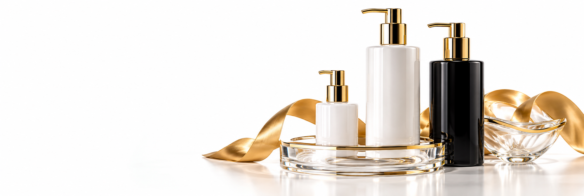 Plejeprodukter i hvid, sort og guld
