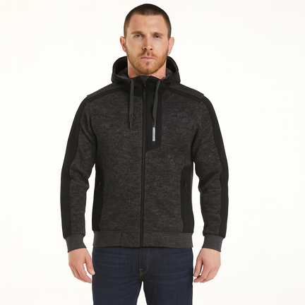 Mand bærer åndbar mørkegrå herrejakke med hætte og lynlås i sporty design