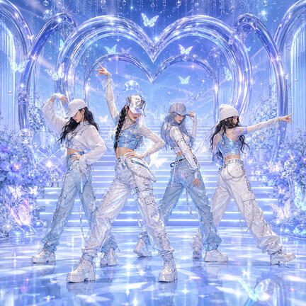 Kvadratisk K-pop sukkerprint med isblåt dansehold foran stort krystalhjerte