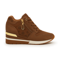 Beige dame wedgesneaker med brun monogramside og gylden lynlås