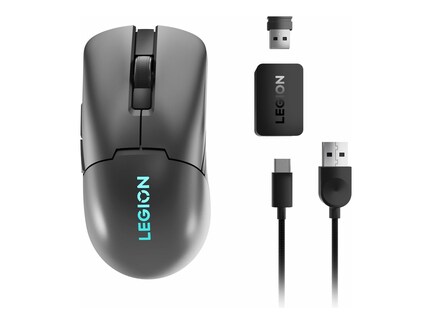 En sort trådløs gamingmus med LEGION branding i blåt. Inkluderer en USB-modtager, USB-C-adapter og et USB-C til USB-A-opladningskabel. Musen har et slankt, ergonomisk design med et rullehjul.