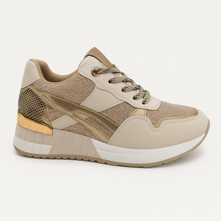 Beige damesneaker med gyldne detaljer og croco-præg
