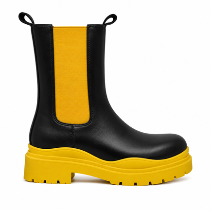 Dame Chelsea-boot i sort med gule elastikpaneler og chunky gul sål