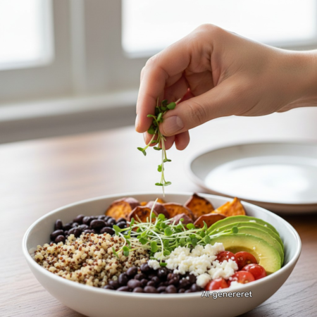 Pak choi mikrogrønt drysses over en farverig bowl