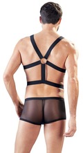 Svenjoyment Pants and Harness – sort powernet-sæt med semitransparente bukser, mikrofiberpose og justerbart brystharness med sølvfarvede trykknapper.