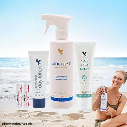 Sun Kit med 4 Aloe vera hudplejeprodukter: Forever Aloe Lips, protecting day lotion, Aloe First og Aloe Vera Gelly