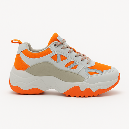 Chunky sneaker i hvid og orange med grå detaljer. Moderne, sporty design til hverdagsbrug.
