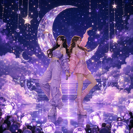 Kvadratisk K-pop sukkerprint med to dansere foran krystalmåne og lilla stjerner