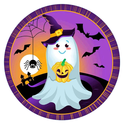 Rundt Halloween sukkerprint med sødt hvidt spøgelse i heksehat, smilende græskar, edderkop og flagermus