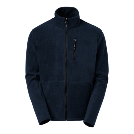 South West Ames navy fleecejakke. Kan bæres separat eller fastgøres til Ames-skaljakken. Tre lynlåslommer og udskiftelige lynlåstrækkere. Hovedstof: 100% polyester.
