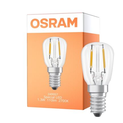 Smal og lille Osram T26 LED rørpære med E14 fatning og klart glas med synligt filament – ideel til små lamper fra BigOutlet.
