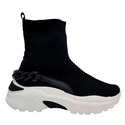 Sort damesneaker i sokkedesign med sort kæde og hvid chunky sål,