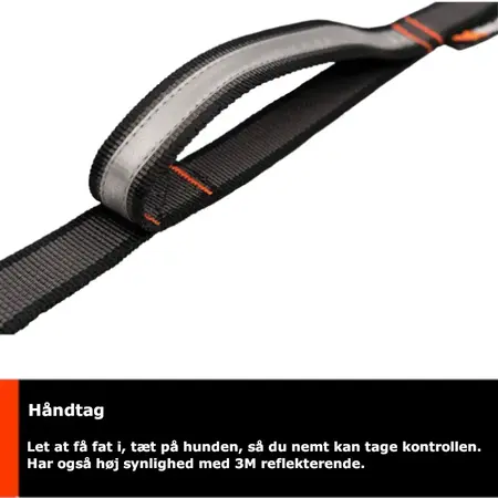 Non-stop Touring Bungee Adjustable Leash Black/Grey har et håndtag tæt på hunden.