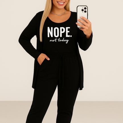 sort dame loungewear sæt med top bukser og cardigan