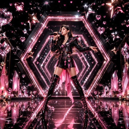 Kvadratisk K-pop sukkerprint med pink solodanser i sort geometrisk neontunnel