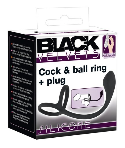 Black Velvets Cock & Ball Ring With Butt Plug – dobbelt silikonelegetøj for erektionsstøtte og anal stimulation.