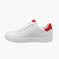 Hvide sneakers med røde detaljer, klassisk unisex design med komfortabel pasform og moderne look.